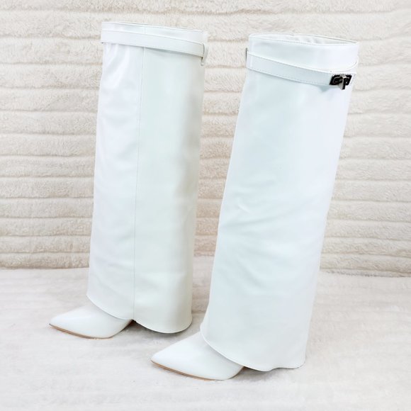Paris White Skirted Fold Over 3.5" Block Heel Knee High Boots - Picture 4 of 9